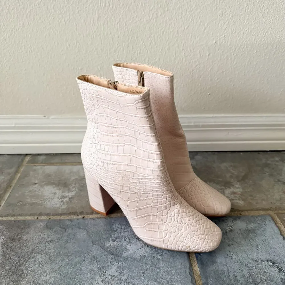 Lulus My Generation Croc Embossed Pale Pink Ankle Boots Heels 7